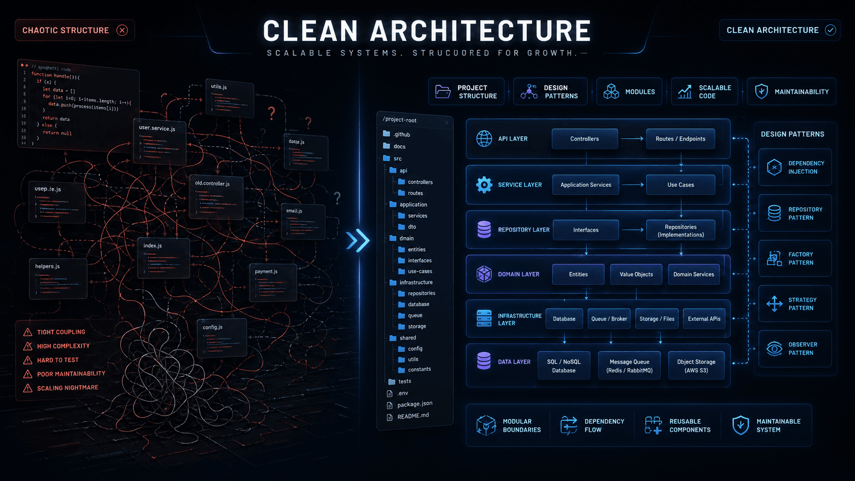 Dark software architecture illustration showing clean project structure, design patterns, modules, service layers, and scalable code organization