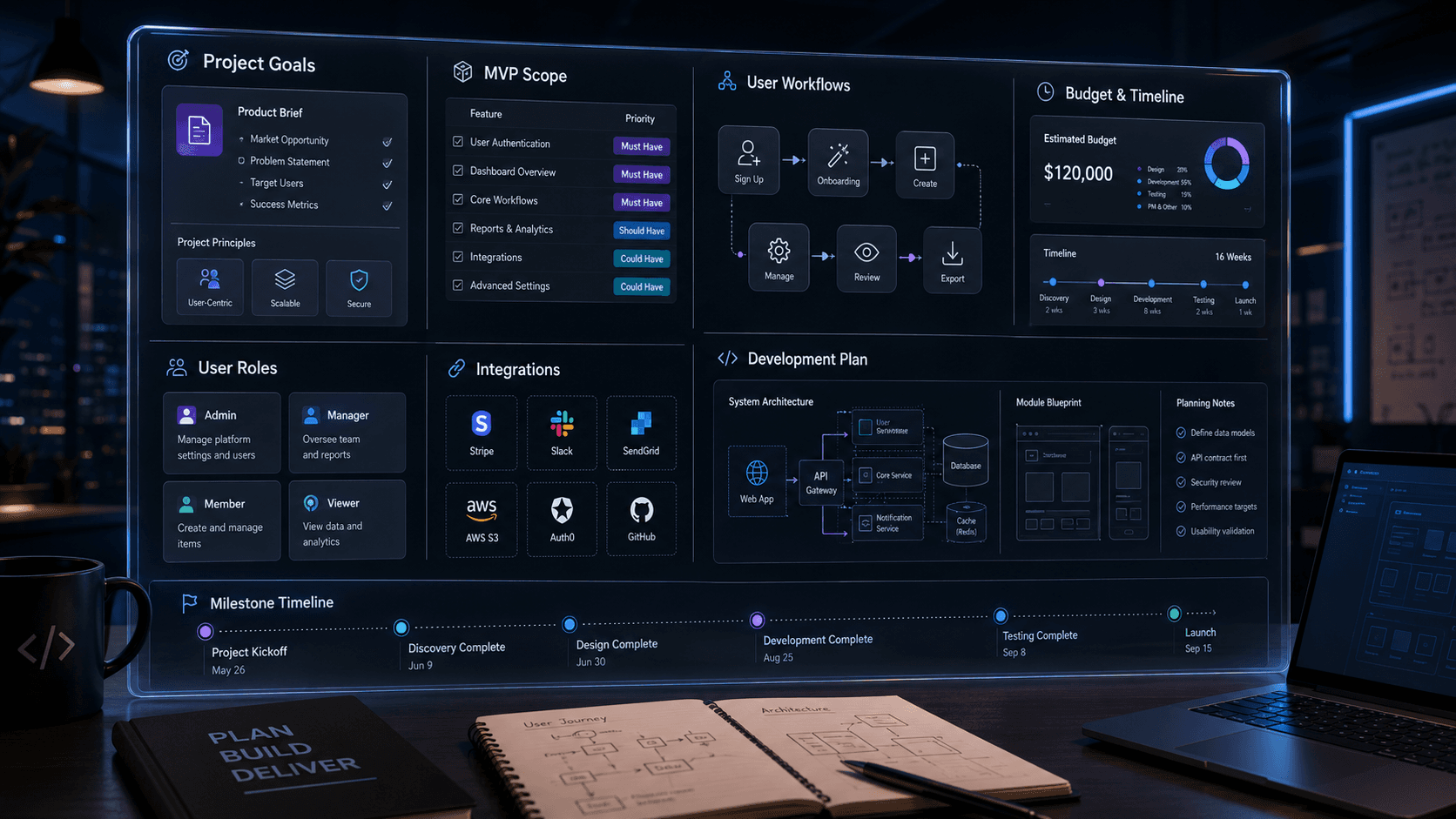 Dark software planning workspace showing client requirements, MVP scope, user workflows, integrations, budget, timeline, and development planning before a project starts