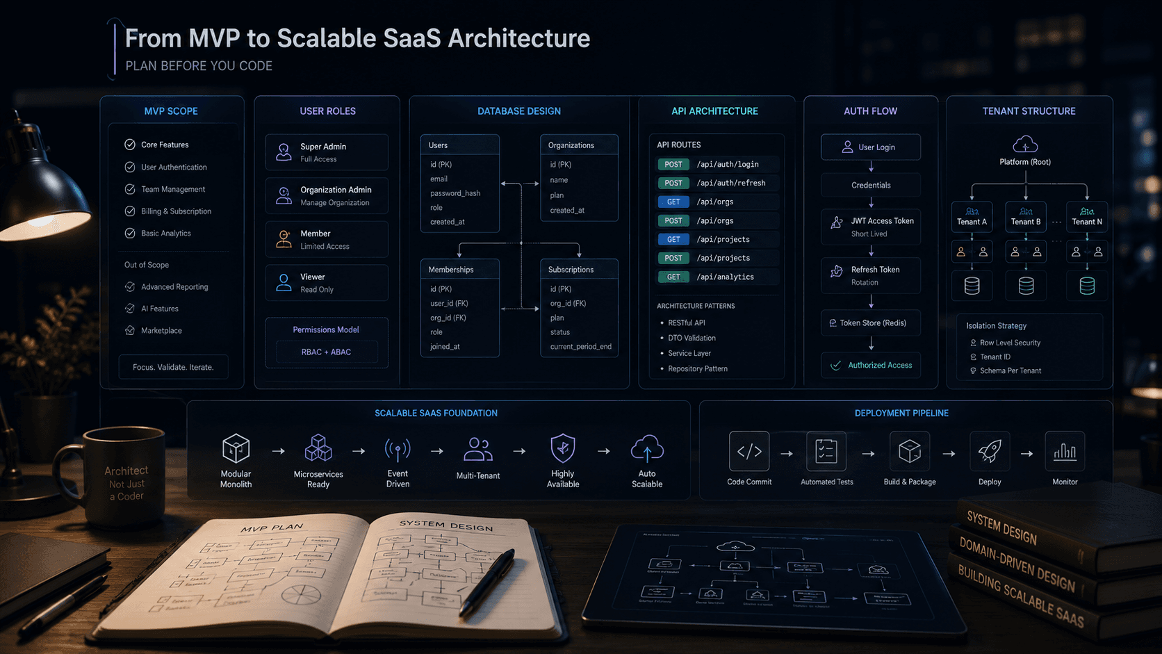 Dark SaaS architecture blueprint showing MVP planning, user roles, database design, APIs, and scalability before software development