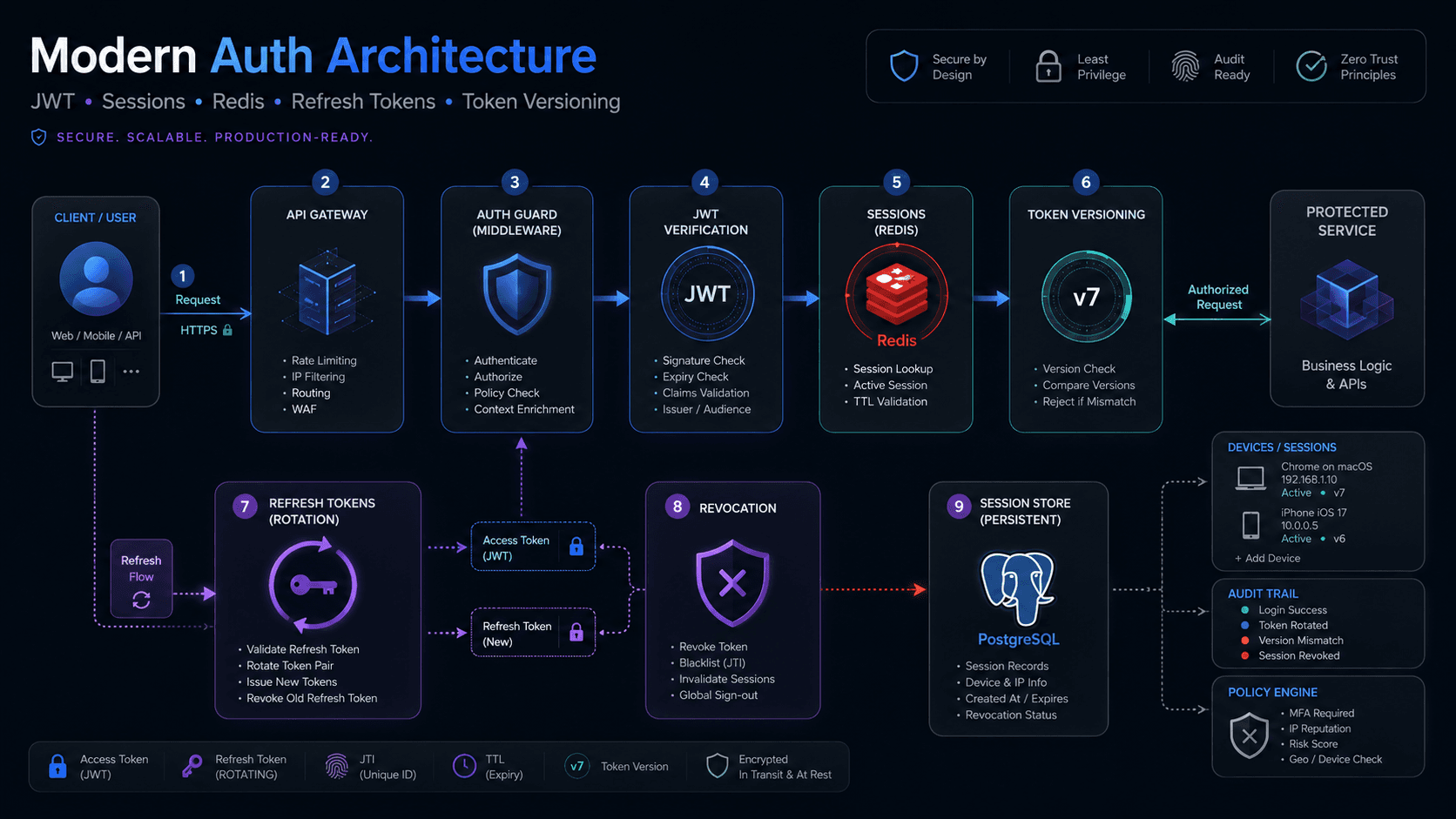 Dark architecture illustration showing JWT authentication, Redis sessions, refresh tokens, token versioning, and revocation in a production SaaS system